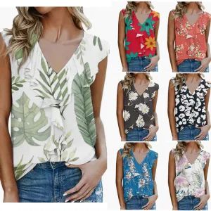 Women Floral Printed Sleeveless Chiffon Blouse V-Neck Slim Fit