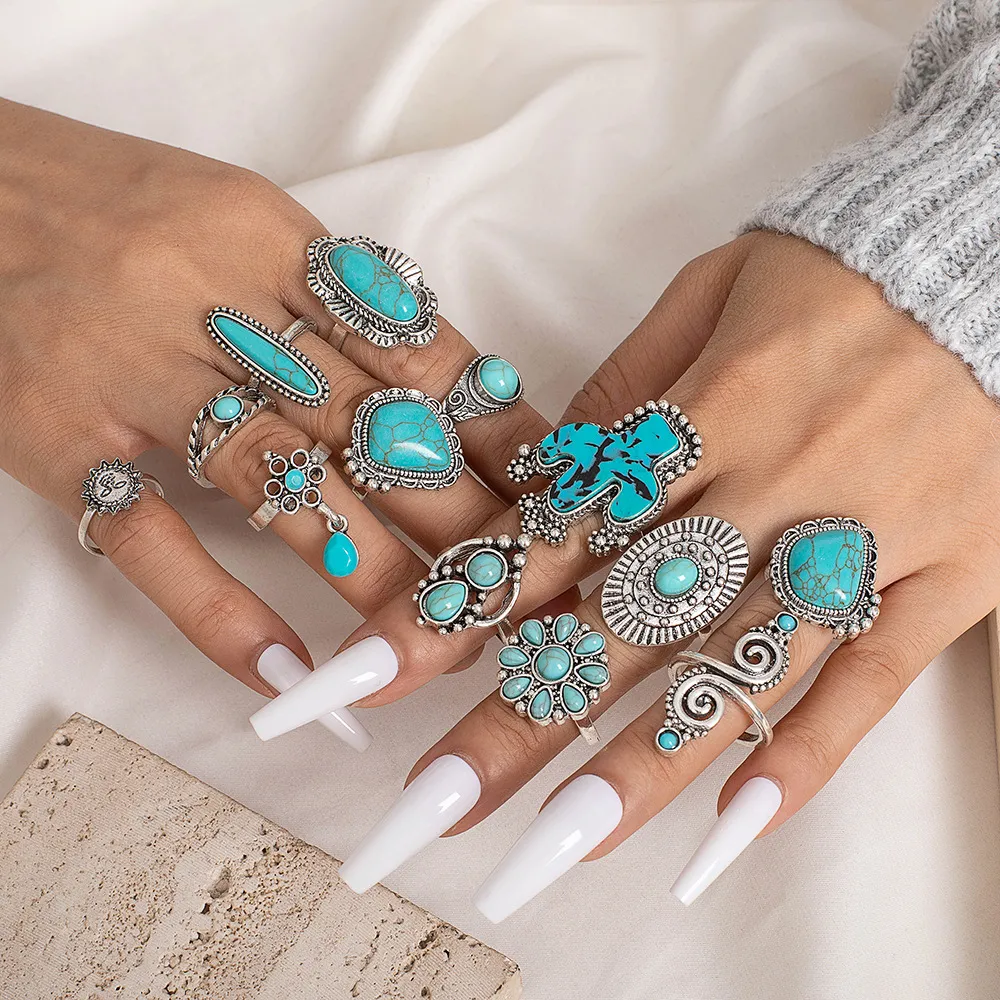 Women Fashion Retro Bohemian Turquoise Cactus Carved Ring 14-Piece Set
