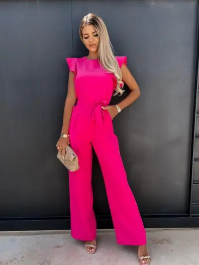 Women Summer Casual Solid Color Ruffled Sleeveless Jumpsuit