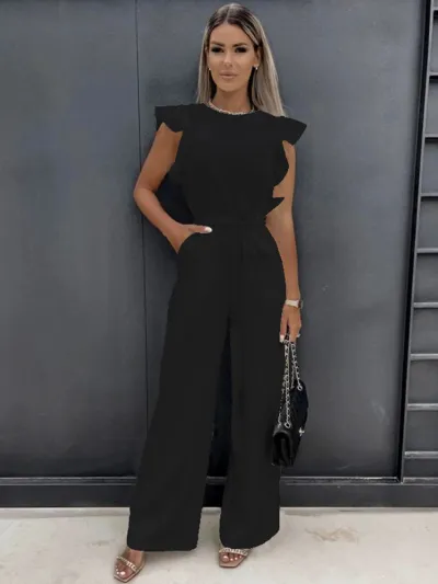 Women Summer Casual Solid Color Ruffled Sleeveless Jumpsuit
