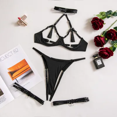 Women Sexy Solid Color Hollow-Out Lingerie Bra Set
