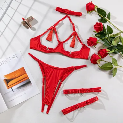 Women Sexy Solid Color Hollow-Out Lingerie Bra Set