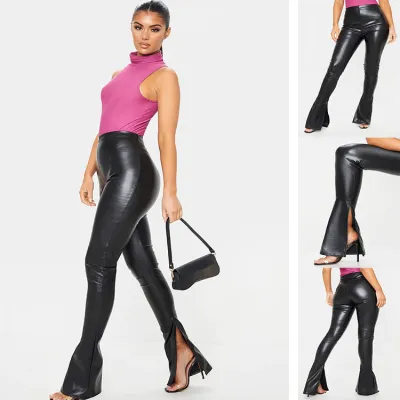 Women Fashion Solid Color High Waist Split Flared Pants