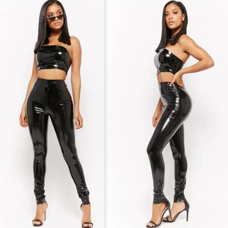 Women Fashionable Solid Color Imitation Leather Pants