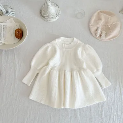 Autumn Winter Children's Fashion Knitted Solid Color Princess Dress Long Sleeve for Girls 3-14T