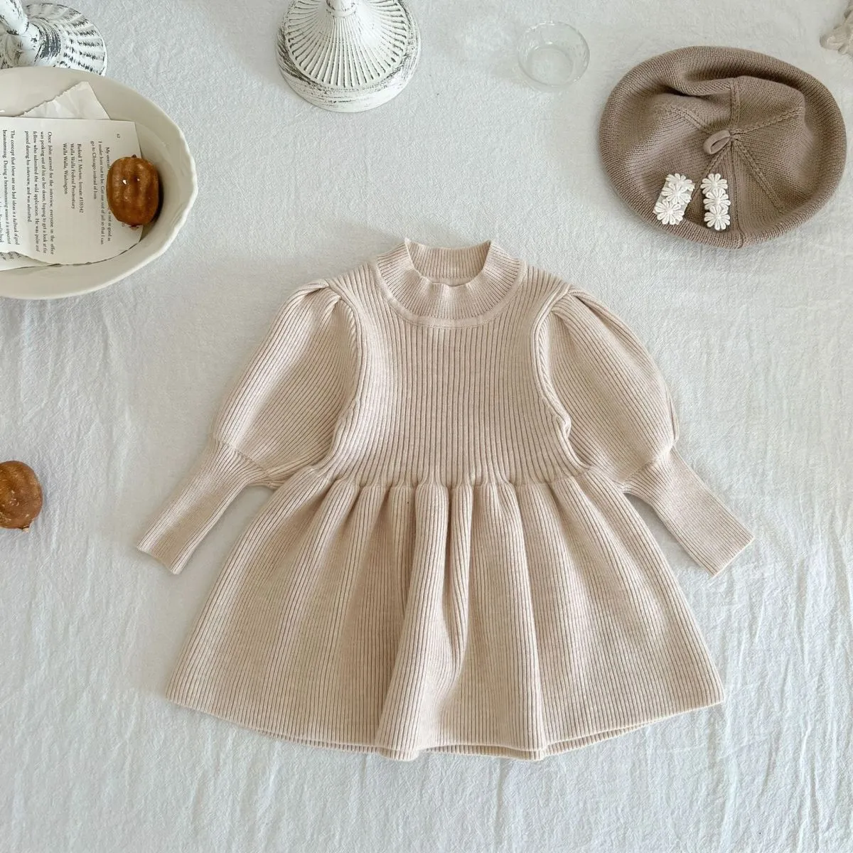 Autumn Winter Children's Fashion Knitted Solid Color Princess Dress Long Sleeve for Girls 3-14T