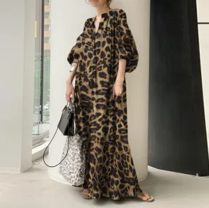 Women Casual Loose Leopard Printed Bubble Sleeve Maxi Dress
