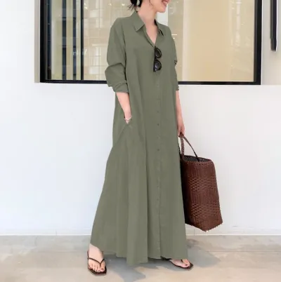 Women Casual Solid Color Loose Long Sleeve Lapel Shirt Maxi Dress