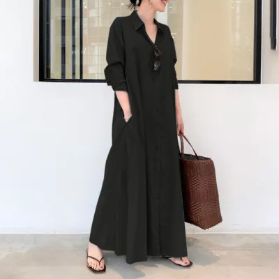 Women Casual Solid Color Loose Long Sleeve Lapel Shirt Maxi Dress