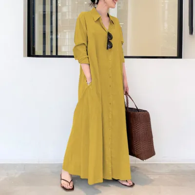 Women Casual Solid Color Loose Long Sleeve Lapel Shirt Maxi Dress