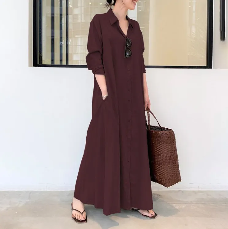 Women Casual Solid Color Loose Long Sleeve Lapel Shirt Maxi Dress