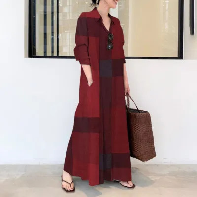 Women Casual Loose Plaid Print Long Sleeve Shirt Maxi Dress