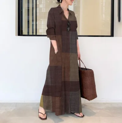 Women Casual Loose Plaid Print Long Sleeve Shirt Maxi Dress