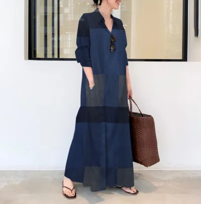 Women Casual Loose Plaid Print Long Sleeve Shirt Maxi Dress