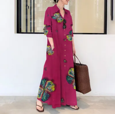 Women Casual Loose Floral Print Long Sleeve Polo Collar Maxi Dress