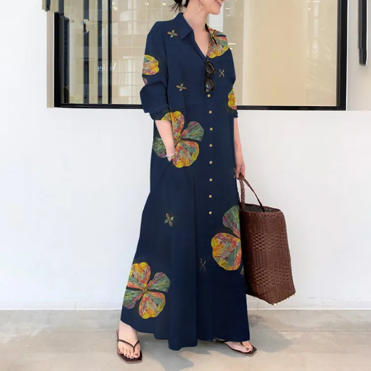 Women Casual Loose Floral Print Long Sleeve Polo Collar Maxi Dress