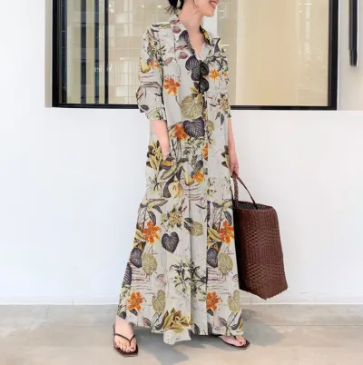 Women Casual Floral Print Lapel Long Sleeve Shirt Maxi Dress