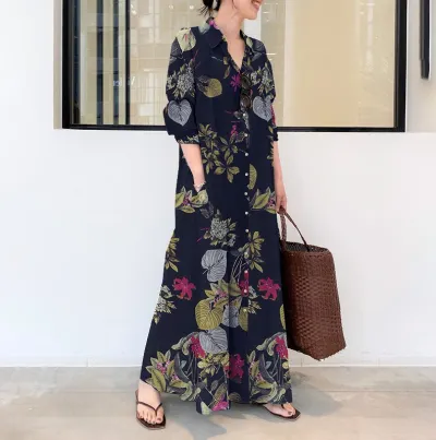 Women Casual Floral Print Lapel Long Sleeve Shirt Maxi Dress