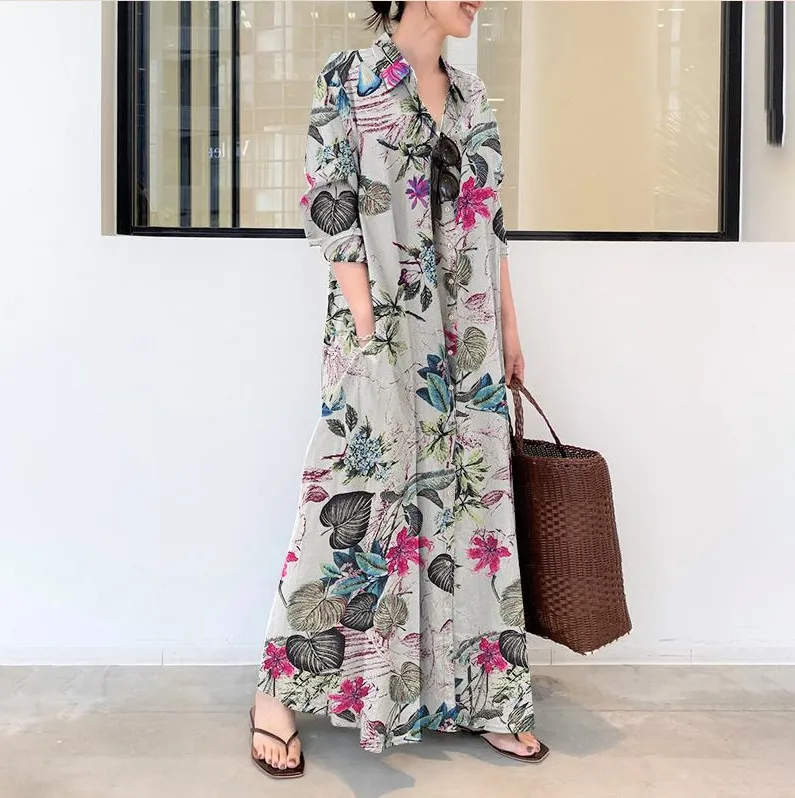 Women Casual Floral Print Lapel Long Sleeve Shirt Maxi Dress