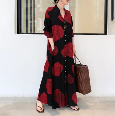 Women Casual Lapel Shirt Dress Long Sleeve Maxi Print