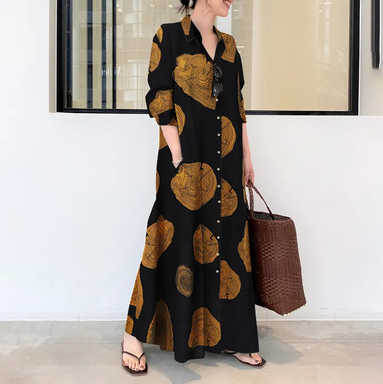 Women Casual Lapel Shirt Dress Long Sleeve Maxi Print