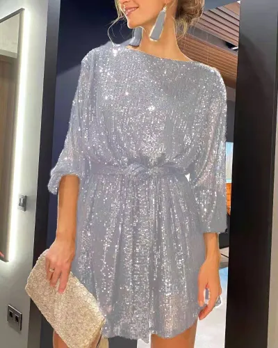 Women Elegant Sequin Party Dress Long Sleeve Solid Color