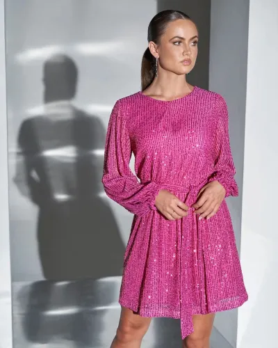 Women Elegant Sequin Party Dress Long Sleeve Solid Color