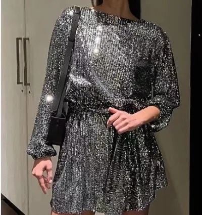 Women Elegant Sequin Party Dress Long Sleeve Solid Color