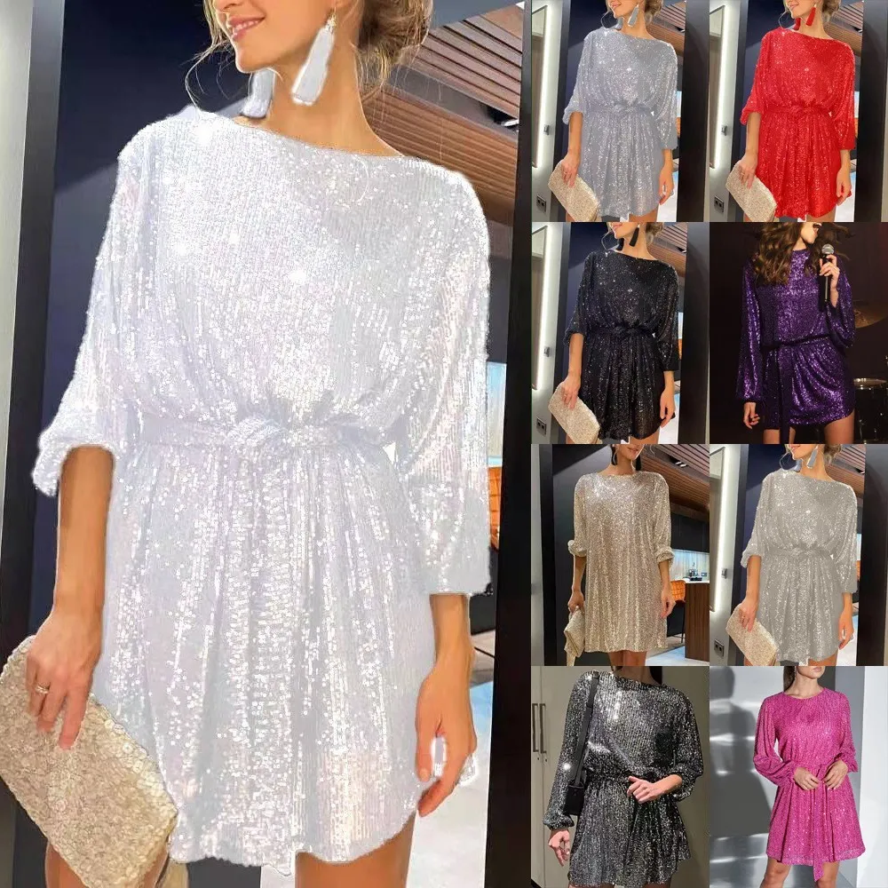 Women Elegant Sequin Party Dress Long Sleeve Solid Color
