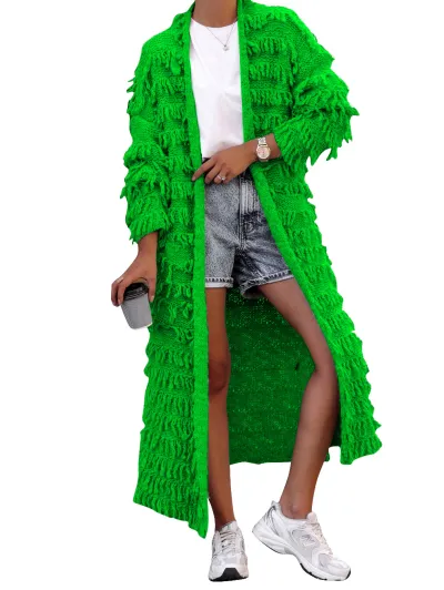 Women Solid Color Winter Tassel Fringed Knitted Long Coat Cardigan