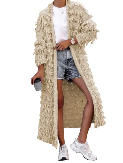 Women Solid Color Winter Tassel Fringed Knitted Long Coat Cardigan