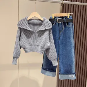 Kids Toddler Big Girls Spring Autumn Fashion Casual Solid Color Long Sleeve Knitwear Sweater Jeans Pants Set