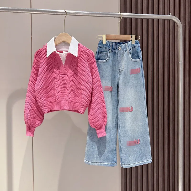 Kids Toddler Big Girls Spring Autumn Casual Solid Color Long Sleeve False Two-Piece Knitwear Sweater Jeans Set