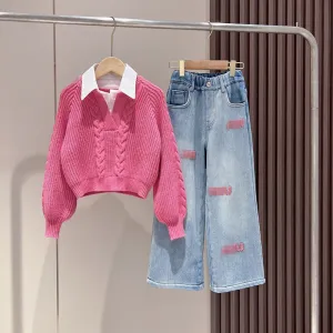 Kids Toddler Big Girls Spring Autumn Casual Solid Color Long Sleeve False Two-Piece Knitwear Sweater Jeans Set