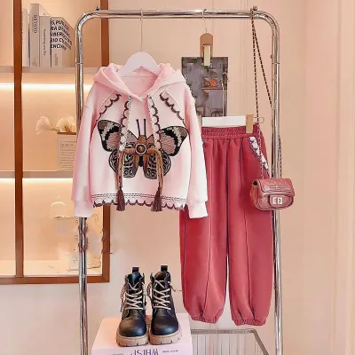 Kids Toddler Big Girls Spring Autumn Casual Butterfly Long Sleeve Hoodie Trousers Set