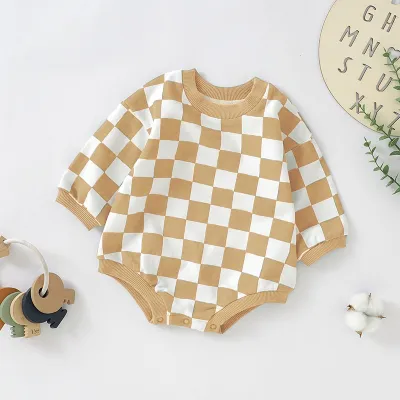 Kids Baby Boys Girls Casual Cute Plaid Print Long Sleeve Cotton Romper