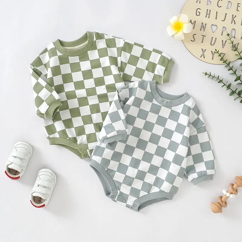 Kids Baby Boys Girls Casual Cute Plaid Print Long Sleeve Cotton Romper