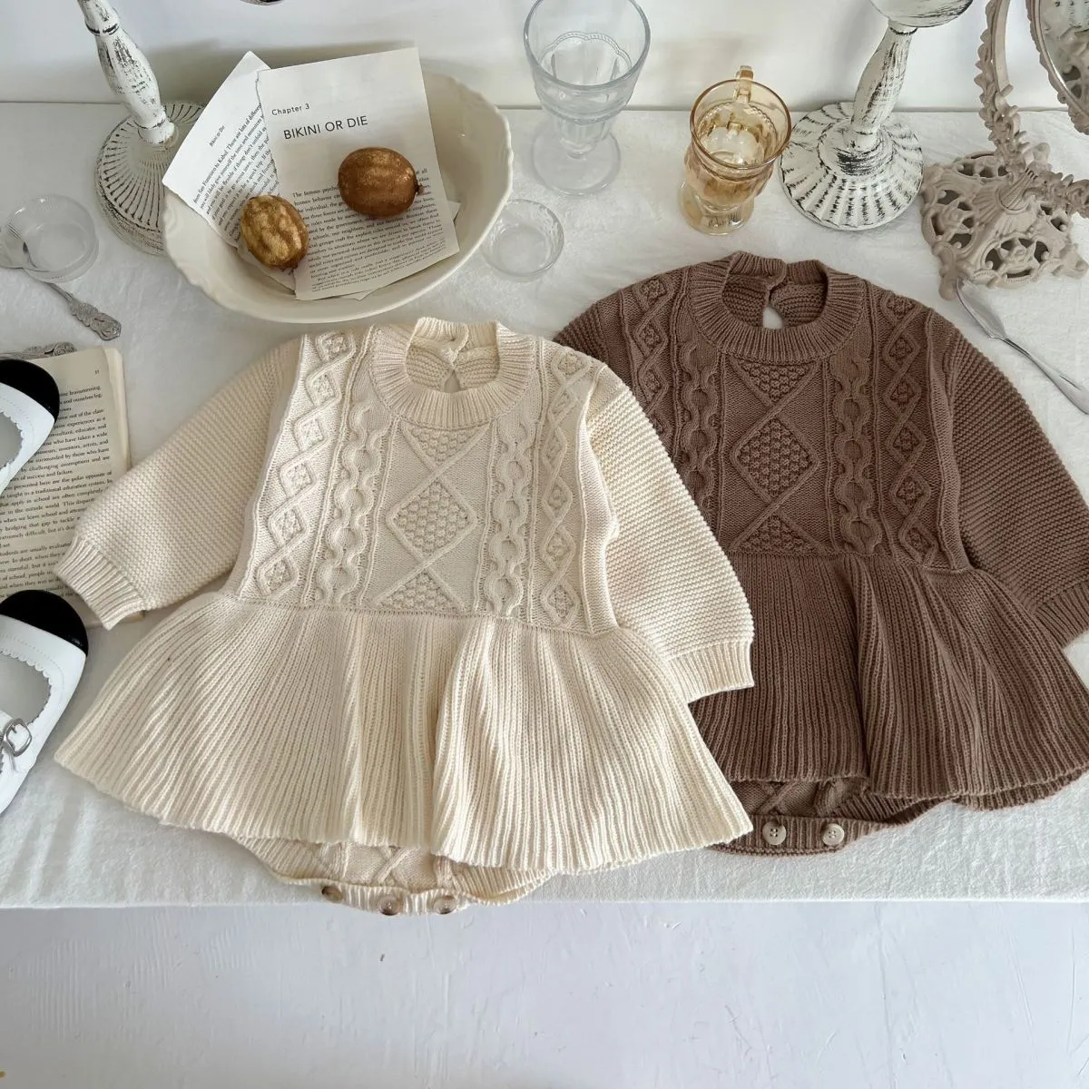 Kids Baby Girls Spring Autumn Casual Cute Solid Color Long Sleeve Knitwear Romper Pullover