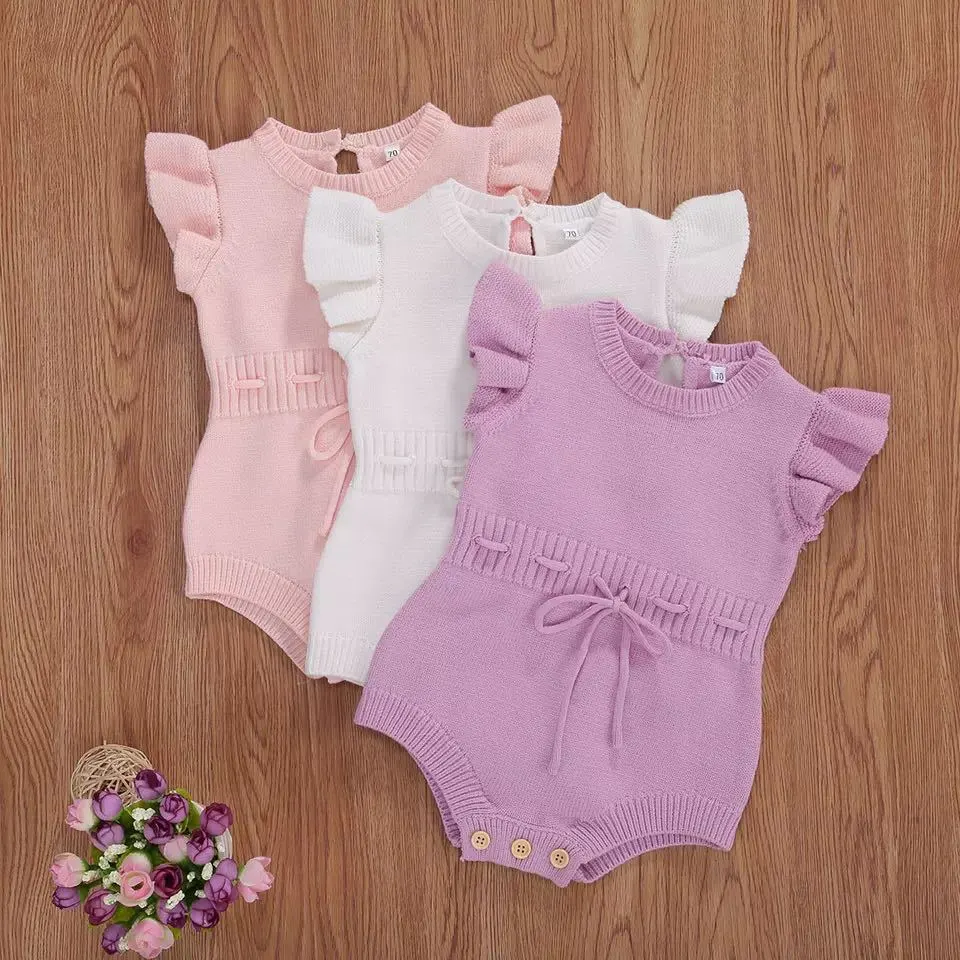 Kids Baby Girls Spring Autumn Cute Solid Color Fluttering Sleeve Knitwear Romper Sleeveless