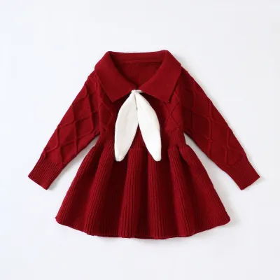 Kids Baby Girls Spring Autumn Cotton Long Sleeve Lapel Knitwear Dress Solid Color A-Line Skirt