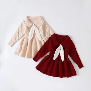 Kids Baby Girls Spring Autumn Cotton Long Sleeve Lapel Knitwear Dress Solid Color A-Line Skirt