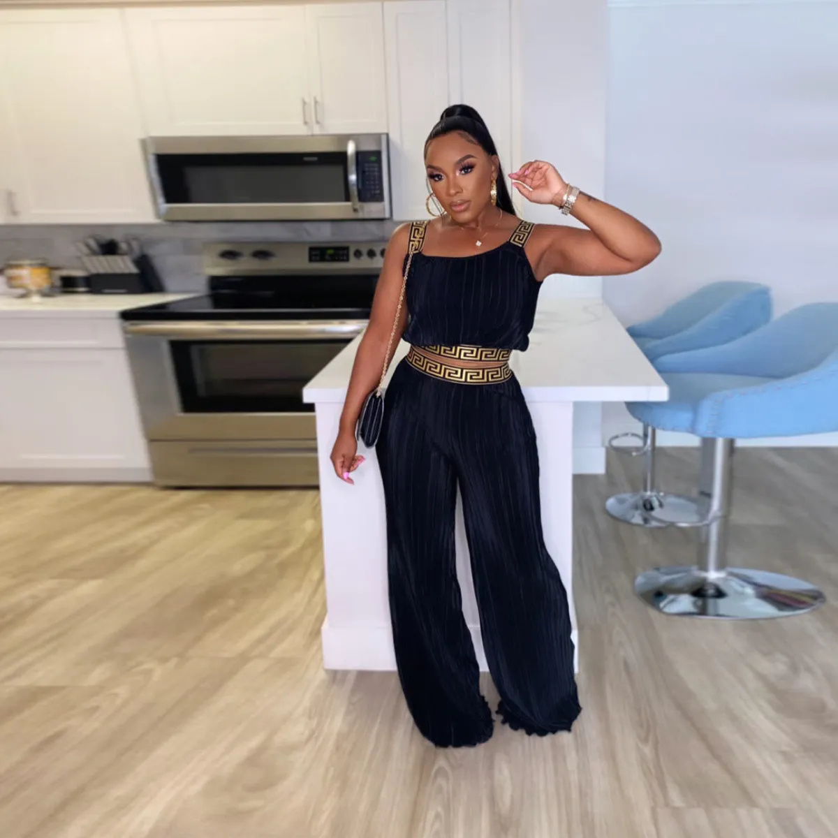 Summer Women Solid Color Creased Stitching Suspender Top Wide Leg Pants Two-Piece Set