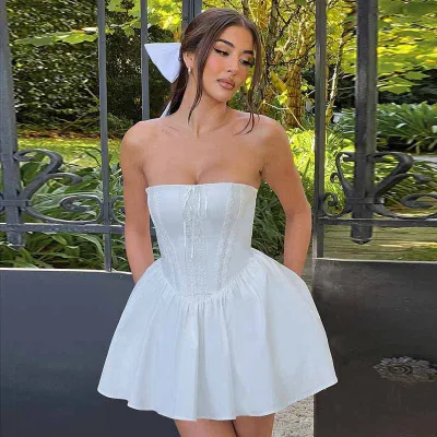 Women Summer Sexy Hot Girl Lace Tube Top Defined Waist Mini Dress