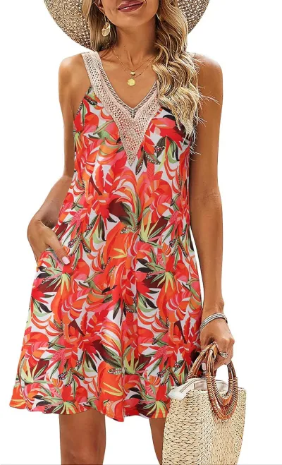 Summer Women Casual V-Neck Leaves Floral Printed Sleeveless Dress