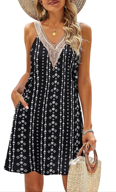 Summer Women Casual V-Neck Leaves Floral Printed Sleeveless Dress