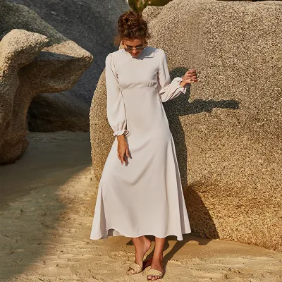Summer Women Fashion Solid Color Round Neck Long Sleeve Defined Waist Chiffon Maxi Dress