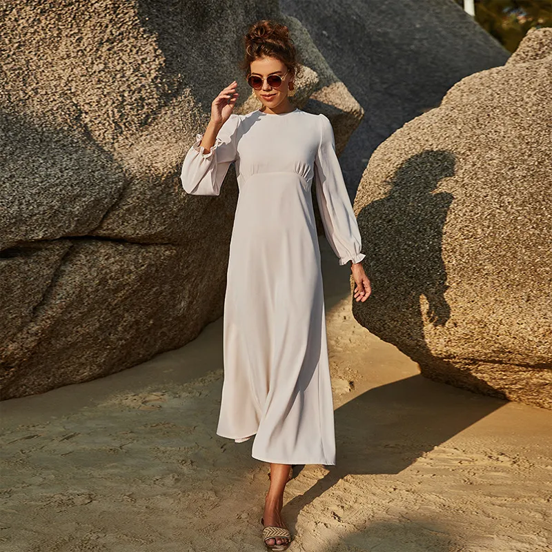 Summer Women Fashion Solid Color Round Neck Long Sleeve Defined Waist Chiffon Maxi Dress