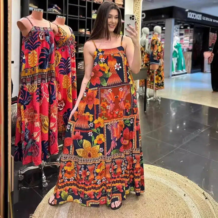 Summer Women Sexy Graphic Printing Sling Maxi Dress
