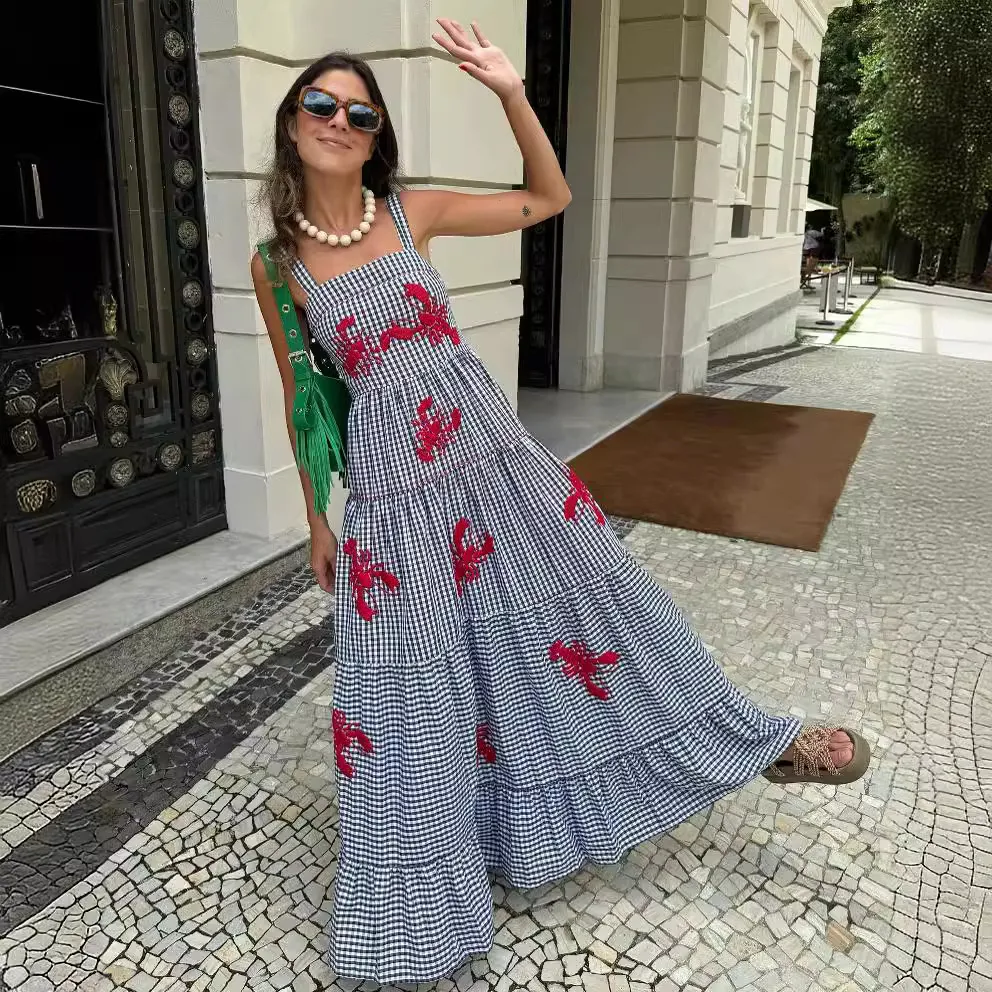 Summer Women Casual Floral Embroidery Sling Maxi Dress