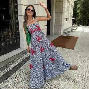Summer Women Casual Floral Embroidery Sling Maxi Dress